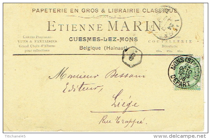 CP/PK Publicitaire CUESMES-LEZ-MONS 1906 - Etienne MARIN - Librairie-maroquinerie-coutellerie-papeterie - Courcelles