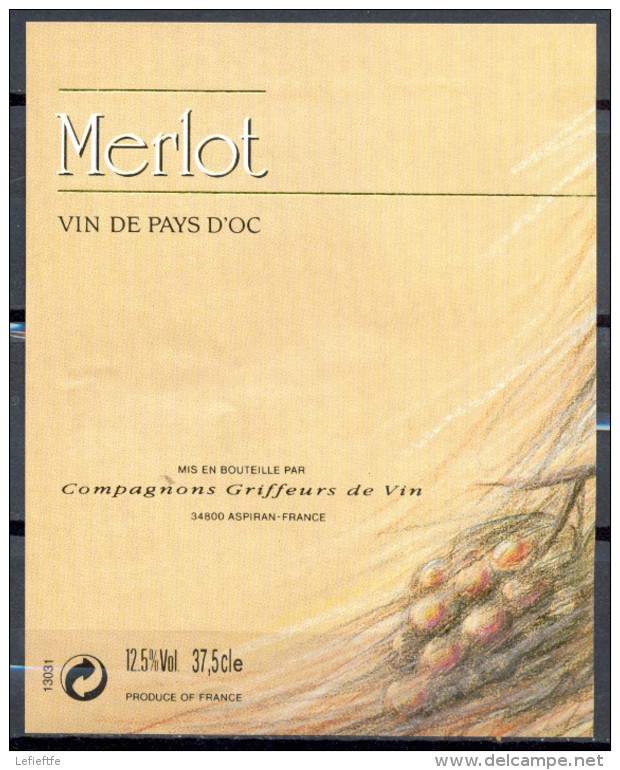 322 - Vin De Pays D'Oc - Merlot - Mis En Bouteille Par Compagnons Griffeurs De Vin - 34800 Aspiran - Vin De Pays D'Oc