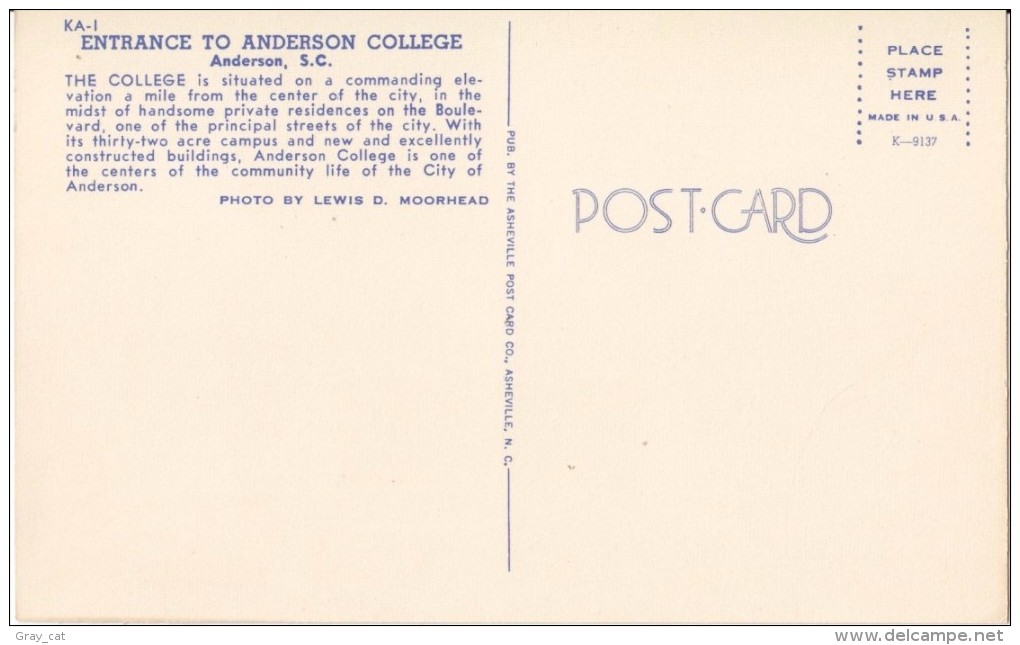 Entrance To Anderson College, SC, Unused Postcard [17835] - Anderson