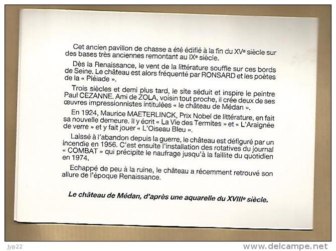 Jolie CP Double 78 Le Château De Médan - Aquarelle Du XVIII° - A Inspiré Cézanne - Maeterlinck Nobel De Littérature - Medan