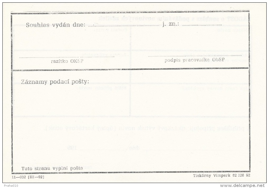 K7845 - Czechoslovakia (1992) Postal Form: 11-032 "Application For Consent To Administration Of Newspaper Shipments" - Timbres Pour Journaux