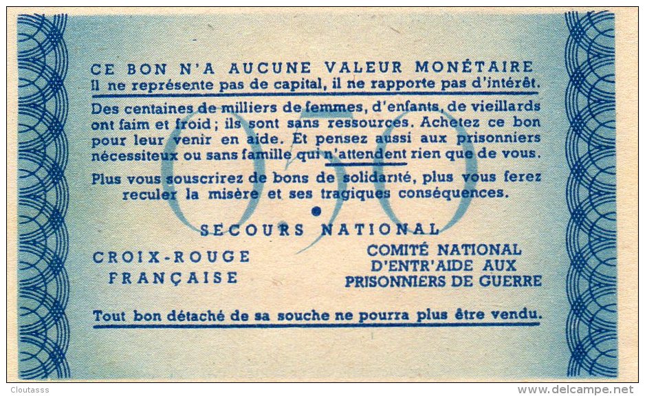 Bon De Solidarité)0,50 FRANCS 7,5O X4,5    AU PROFIT PÖPULATION Française EPROUVEE  2 BONS EN VENTE - Autres & Non Classés