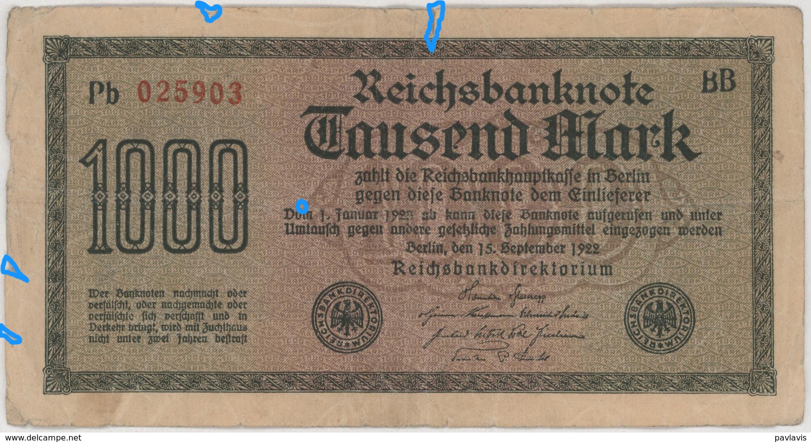 1000 Mark - Reichsbanknote - German Reich / Deutsches Reich - Year 1922 - 1000 Mark