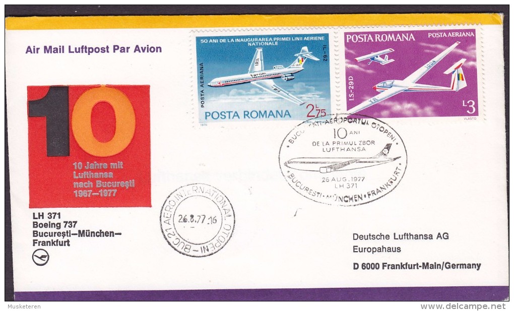 Romania Air Mail Luftpost Par Avion 1st Flight BUCAREST-MÜNCHEN-FRANKFURT 1977 Cover Brief Aeroplane Flugzeuge (2 Scans) - Covers & Documents