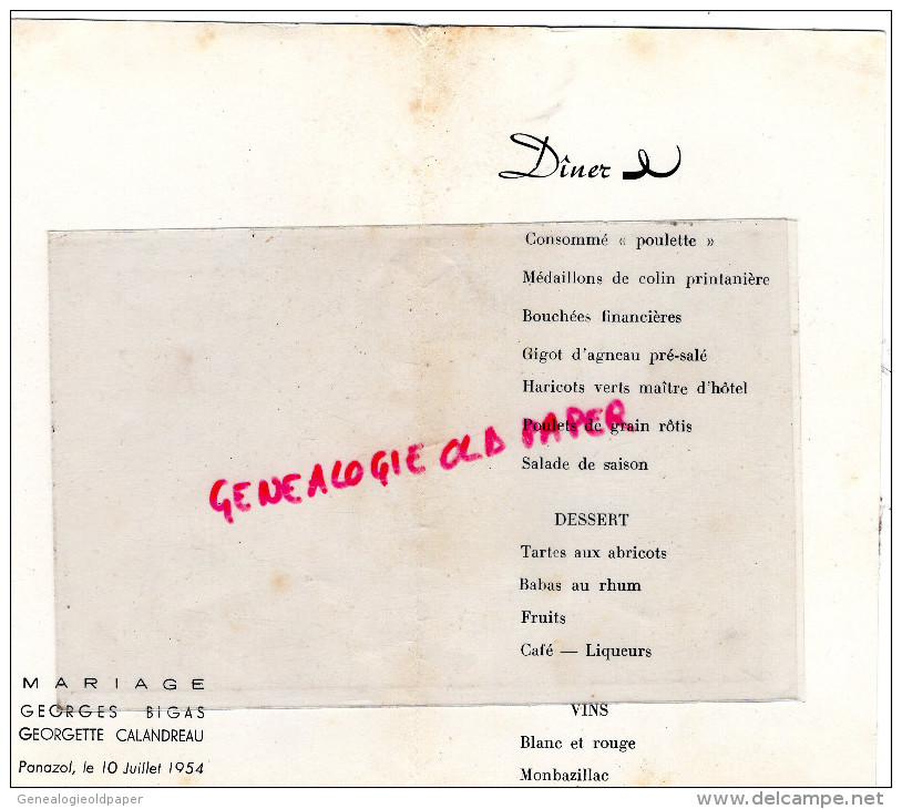 87 - PANAZOL - MENU MARIAGE GEORGES BIGAS ETGEORGETTE CALANDREAU -10 JUILLET 1954 - Menú