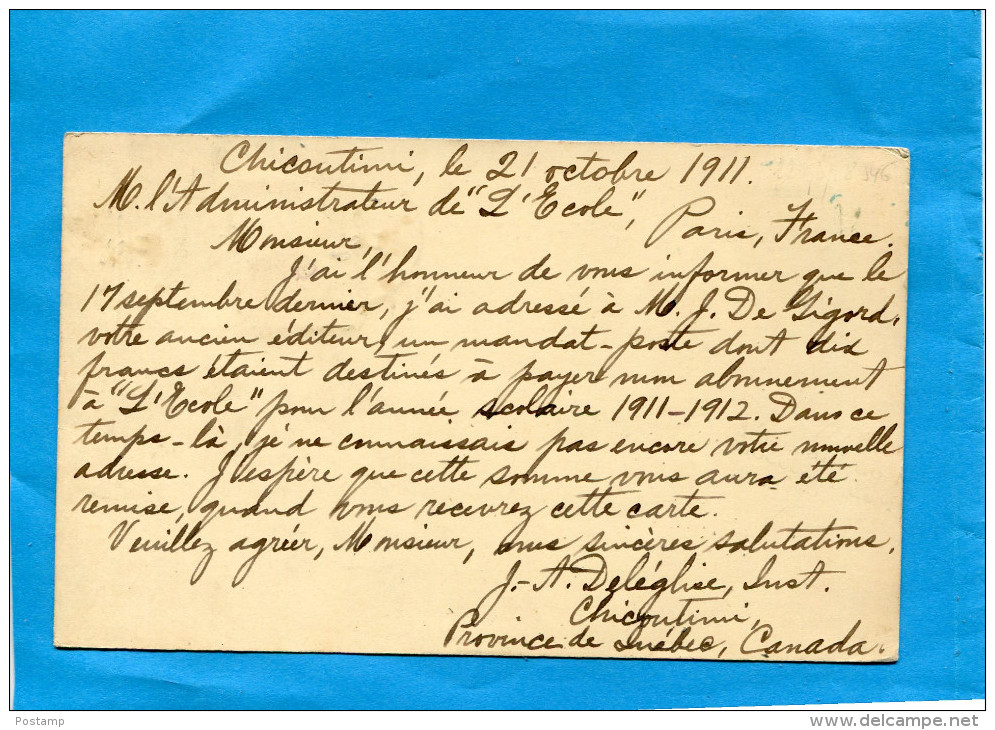 CANADA-Carte Entier Postal -edouard VII -one Cent-+ Complément Affranchissement -destination Françe En 1911 - 1860-1899 Victoria