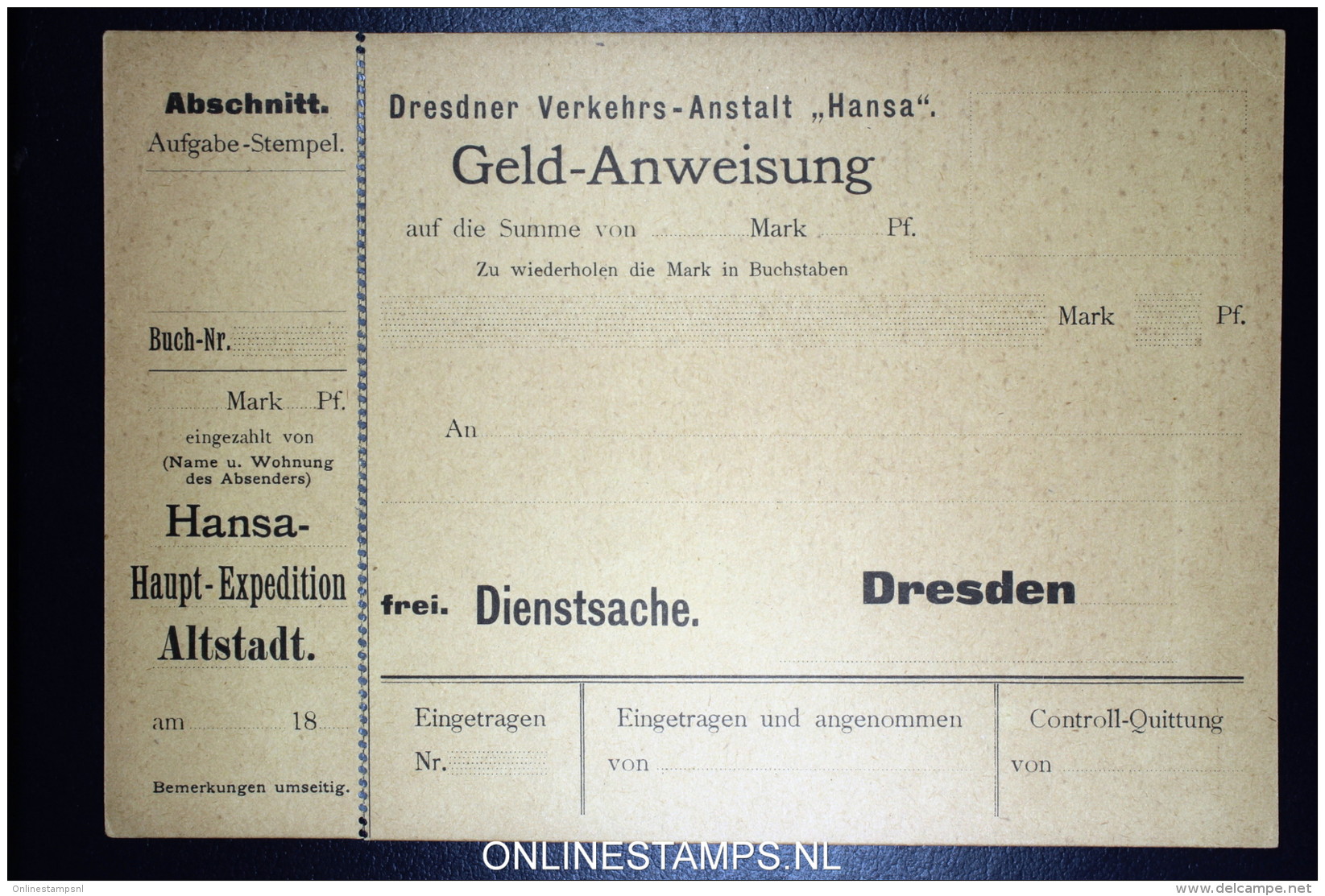 Dresden Hansa  7 *  Geld-Anweisung 1887 - 1891,  Dienstsache, 5 pf
