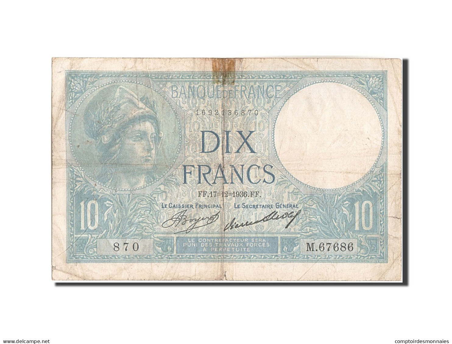 Billet, France, 10 Francs, 10 F 1916-1942 ''Minerve'', 1936, 1936-12-17, B+ - 10 F 1916-1942 ''Minerve''