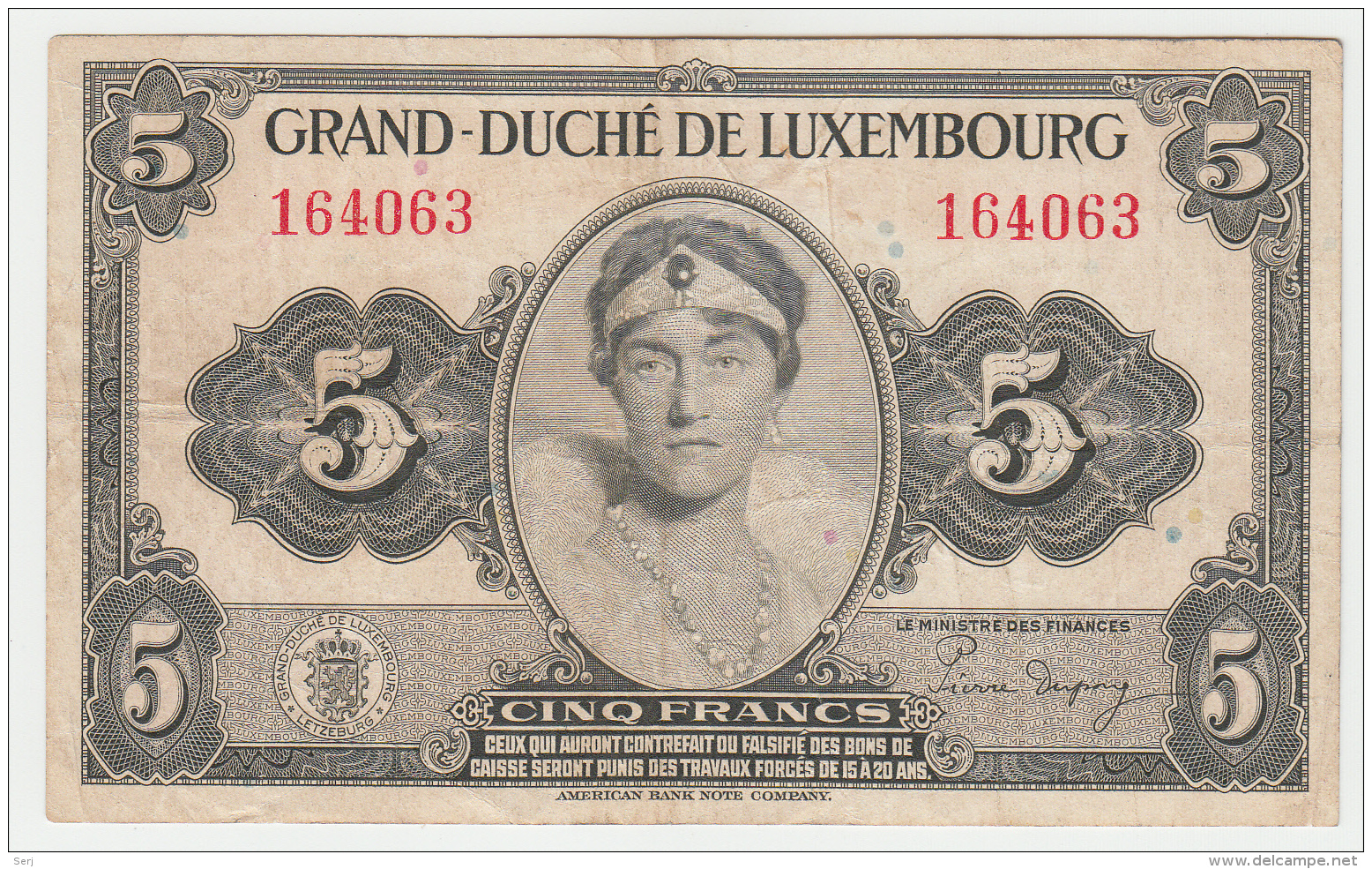 LUXEMBOURG 5 FRANCS 1944 VF+ Pick 43a 43 A - Luxemburg