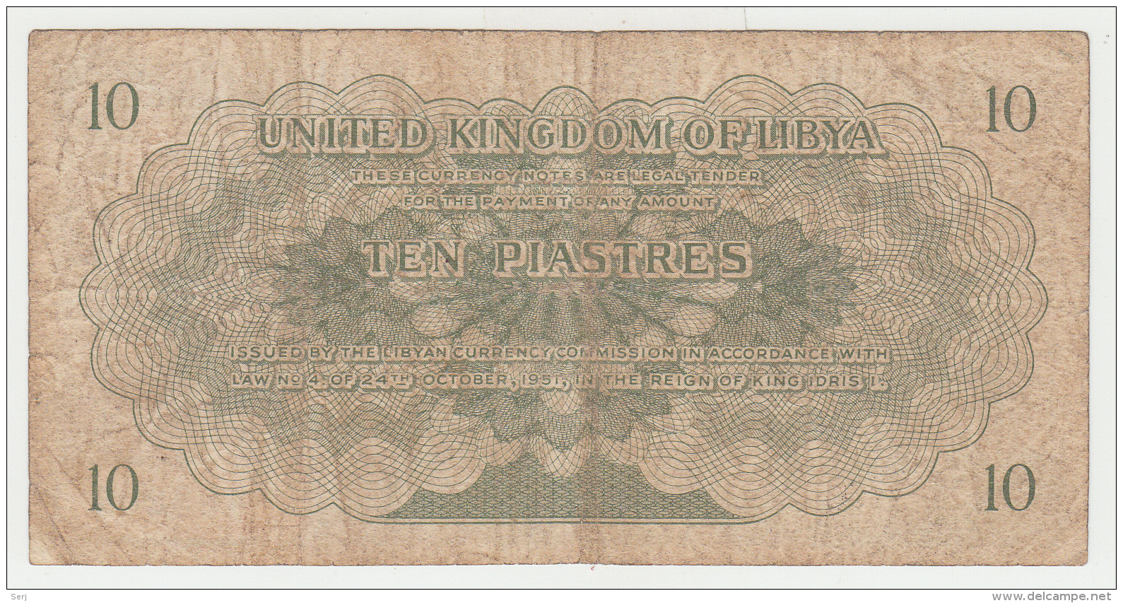 Libya 10 Piastres 1951 "F" Condition Banknote Pick 6 - Libia