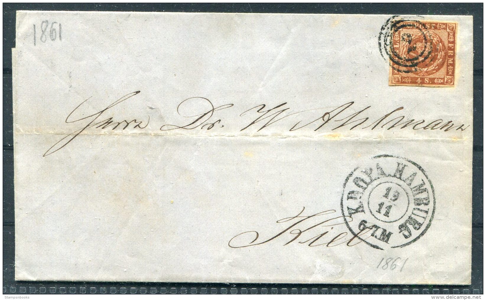 1861 Denmark KDOPA Hamburg 4sk Cover - Kiel - Covers & Documents