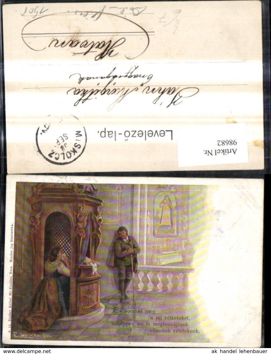 98682,K&uuml;nstler Litho E. D&ouml;cker Jun. Frau Beichtstuhl Kirche Mann Wanderstock - Doecker, E.