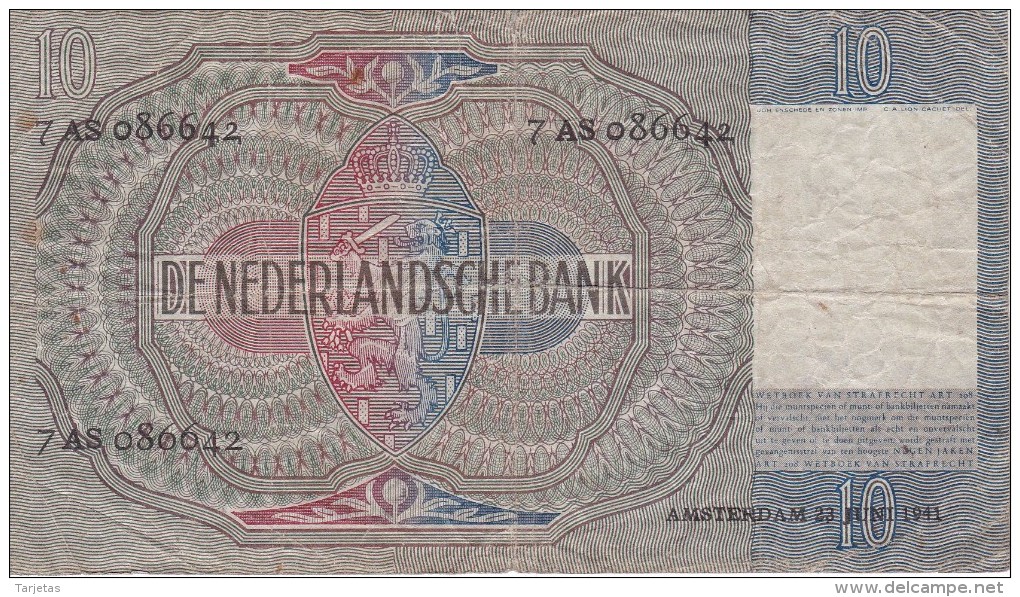 BILLETE DE HOLANDA DE 10 GULDEN DEL AÑO 1941  (BANKNOTE) - 10 Gulden