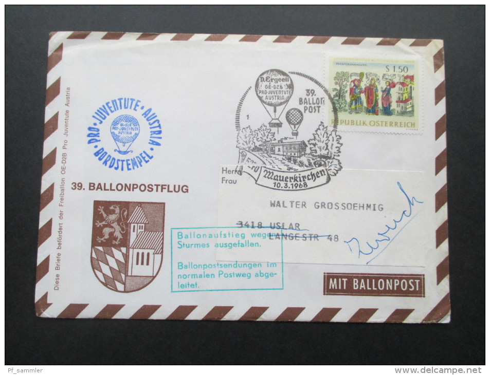 Österreich 1968 Ballonpost Pro Juventute Austria. Ballonaufstieg Wegen Sturmes Ausgefallen! Mauerkirchen 39. Ballon Post - Balloon Covers