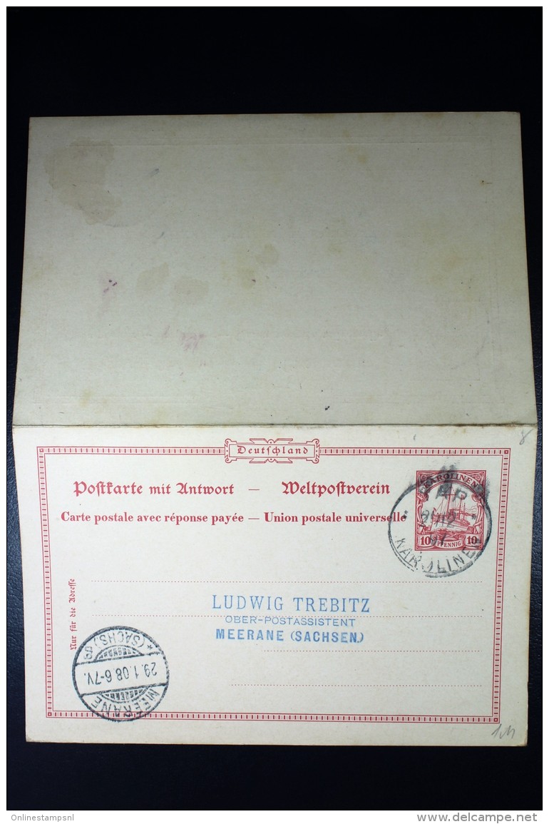 Karolinen Postkarte  P10  To Meerane Germany  1908 - Carolines