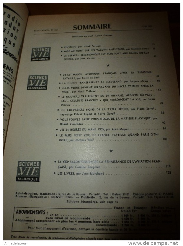 1955 SCIENCE Et VIE N° 453:Titres :voir SOMMAIRE  2e Photo :EINSTEIN; Jeu D' ECHEC; Atome; Plus De Vie; Etc - Science