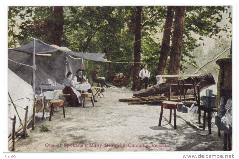 Spokane Washington, Camping Scene Tents Campsite, C1910s Vintage Postcard - Spokane