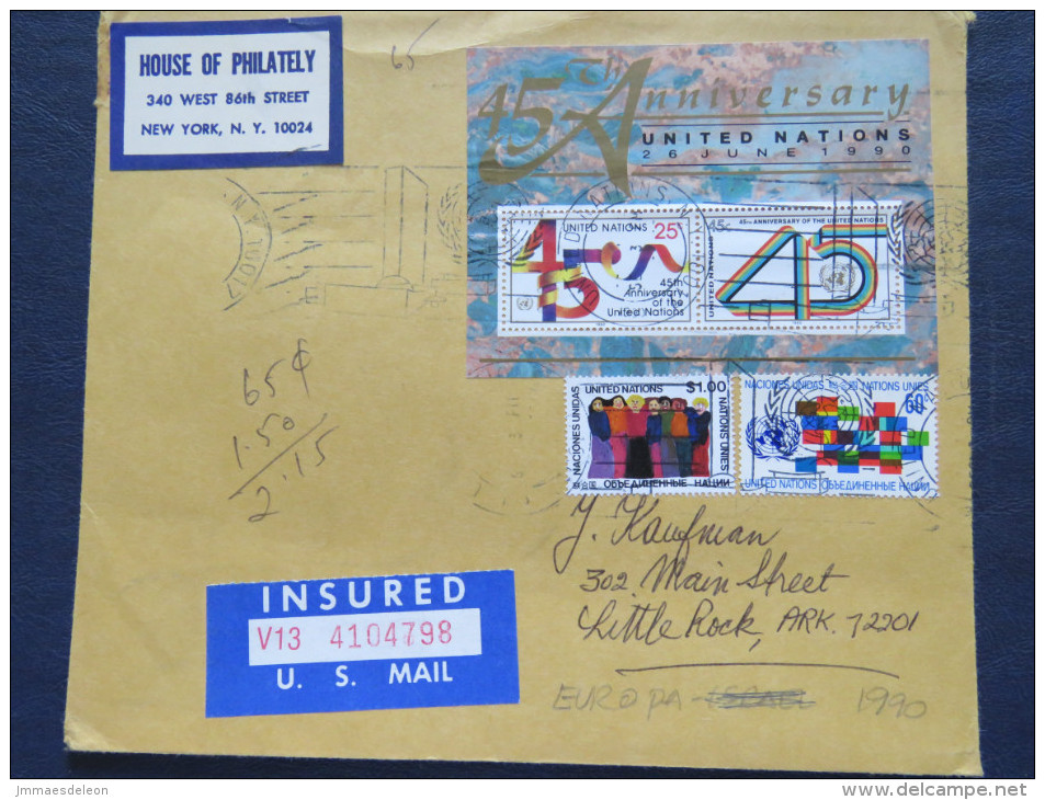 United Nations 1990 Insured Cover To USA - 45 Anniv. S.s. (Scott # 579 = 7 $) - Cartas & Documentos