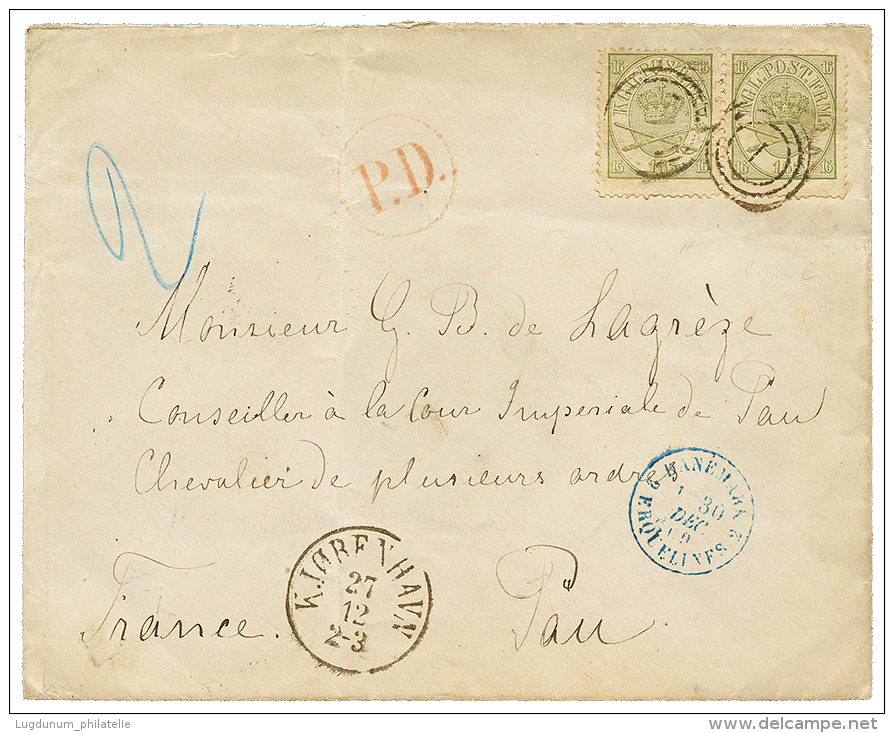 1869 Paire 16 SKILLING On Envelope(double Rate) From KJOBENHAVN To FRANCE. Vf. - Autres & Non Classés