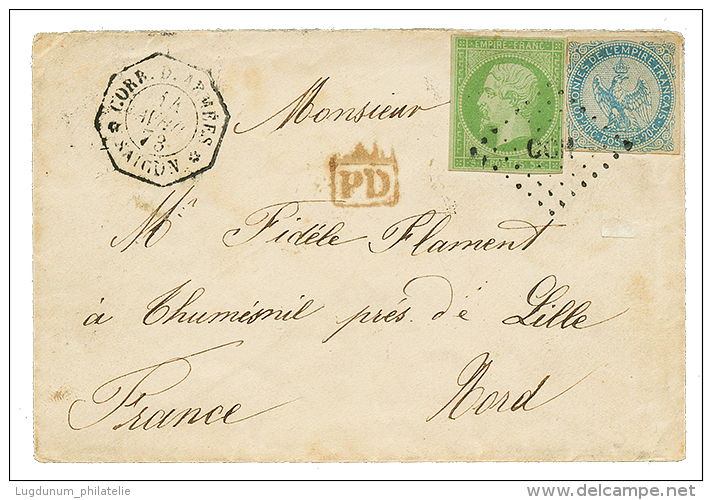 1873 CG 20c AIGLE + 5c EMPIRE (rare) Obl. CCH + CORR. D'ARMEES SAIGON Sur Enveloppe De Militaire Pour La FRANCE. RARE. T - Cartas & Documentos