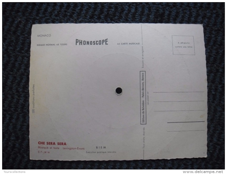 PHONOSCOPE De 1958 Carte Disque 45 Tours - Monaco -  Musique Levingston Evans - Che Sera Sera - Editions Limitées