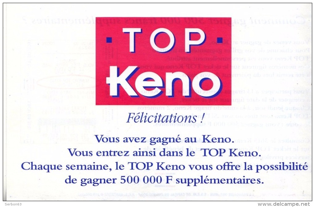 FDJ FRANCAISE DES JEUX PLV PUBLICITE NOTICE EXPLICATIVE RECTO VERSO 16X10,3cm TOP KENO 1993 SUR PAPIER - GRATTAGE - Werbung