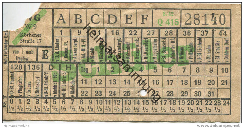 BVG Berlin Köthener Str. 17 - Schülerfahrschein 1942 - Von Nach Treptow - Europa