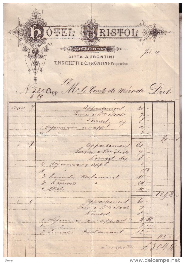 FACTURE Pour Comte De MERODE Séjour 1897 Hôtel Bristol à Rome Recto Verso Séjour Durant Le Mois De Mars - 1800 – 1899