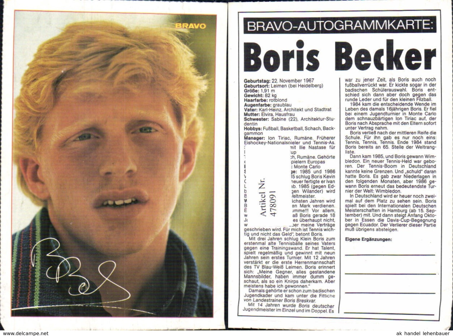 478091,Sportler Boris Becker Bravo-Autogrammkarte Tennis - Sporters