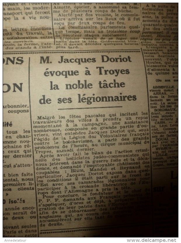 1942 Journal raciste  AUJOURD'HUI :Jacques Doriot à Troyes évoque la noble tâche de ses légionnaires;