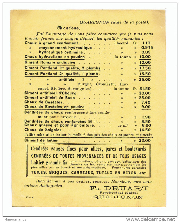 980/23 - Carte Publicitaire PREO Bruxelles 1913 - Chaux, Ciment, Cendrées Druart à QUAREGNON - Typografisch 1912-14 (Cijfer-leeuw)