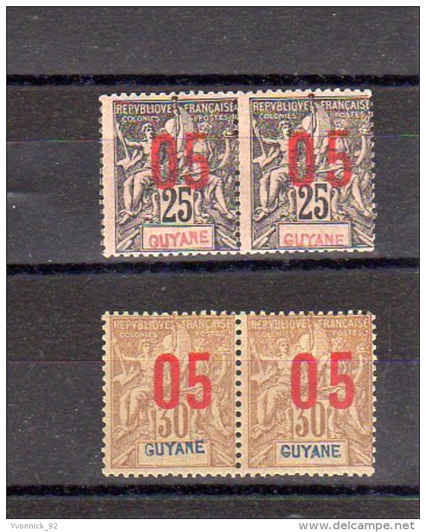 Guyanne_ 2 Paires  Surcharges Chiffres Espacés Tenant à Normal N°69/70  ( 1912 ) - Autres & Non Classés