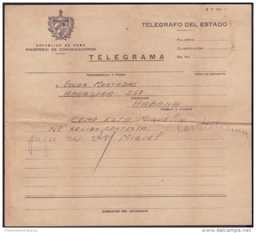 TELEG-180 CUBA (LG-617) TELEGRAMA TELEGRAM TELEGRAPH+ SOBRE. - Telegraphenmarken