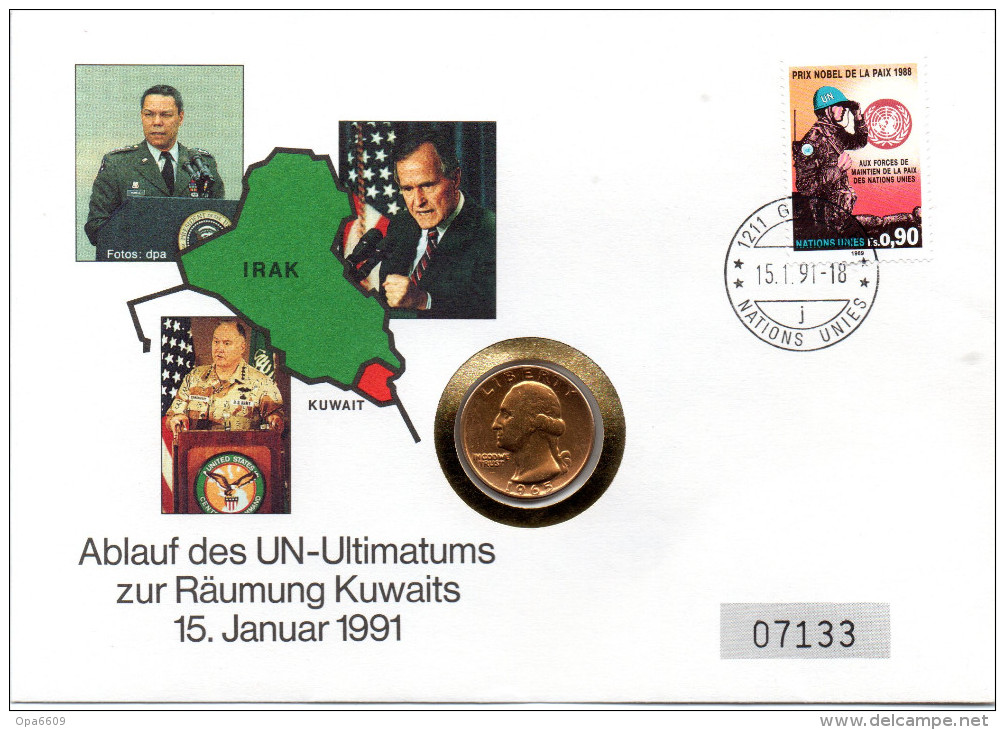 (Gm3)Numisbrief"UN-Ultimatum Zur Räumung Kuwaits"SSt.15.1. 1991 GENF Mit 1/4 $ USA (Münze) +0,90 1988 Friedensnobelpreis - 1932-1998: Washington
