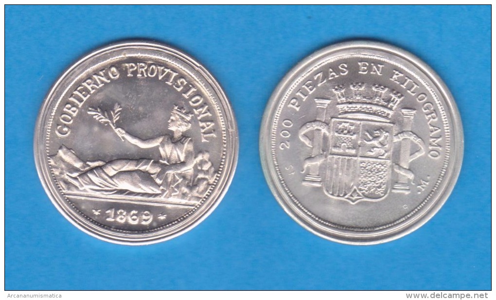 GOBIERNO PROVISIONAL 1 PESETA 1.869 Plata Réplica  "GOBIERNO PROVISIONAL"  HISPANIA SC/UNC  Réplica  DL-11.870 - Essais & Refrappes