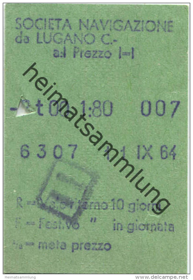 Societa Navigazione De Lugano C. - Fahrschein 1964 - Europe