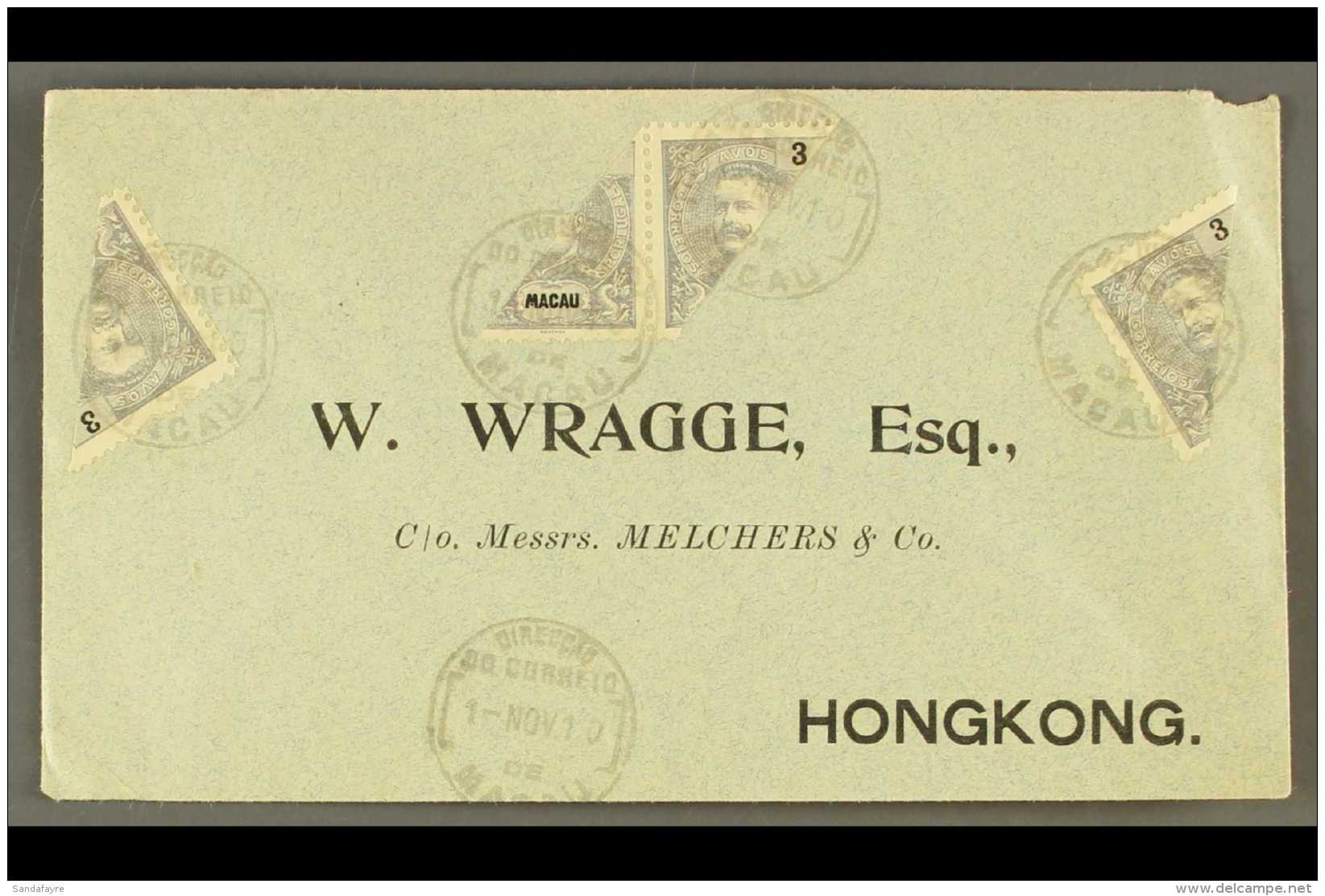 1910 (Nov) Envelope To Hong Kong, Bearing Four Bisected 3c Stamps (one As A Pair) Tied By Macau Cds's, Arrival Cds... - Other & Unclassified