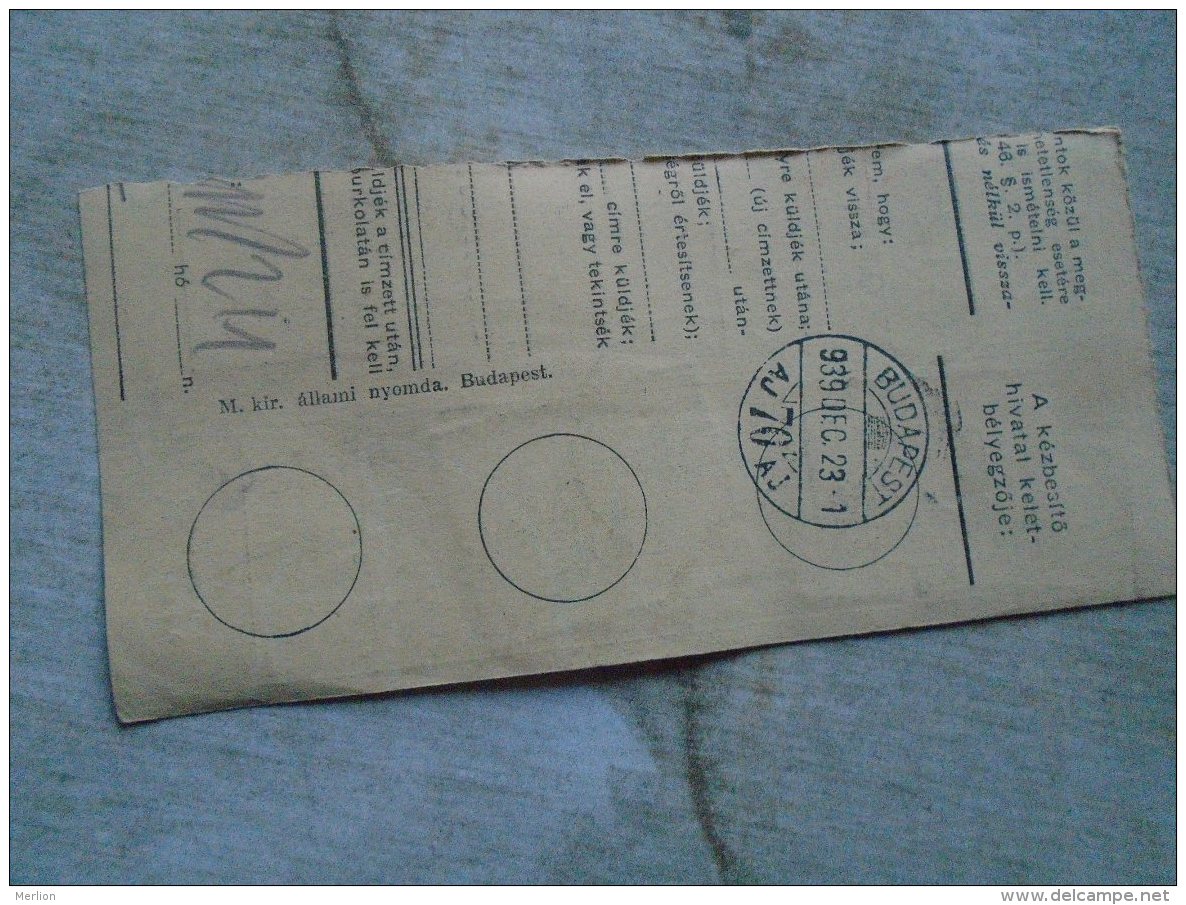 D138842  Hungary  Parcel Post Receipt 1939  KISBÉR - Postpaketten