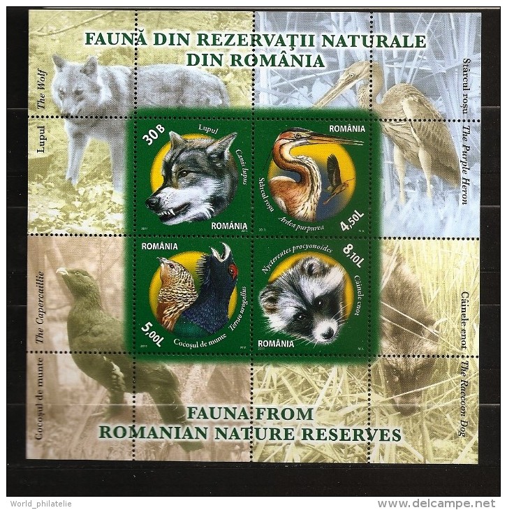 Roumanie 2011 N° BF 410 ** Animaux, Loup, Canis Lupus, Héron, Grand Tétras, Chien Viverrin, Raton-laveur, Oiseau - Ungebraucht