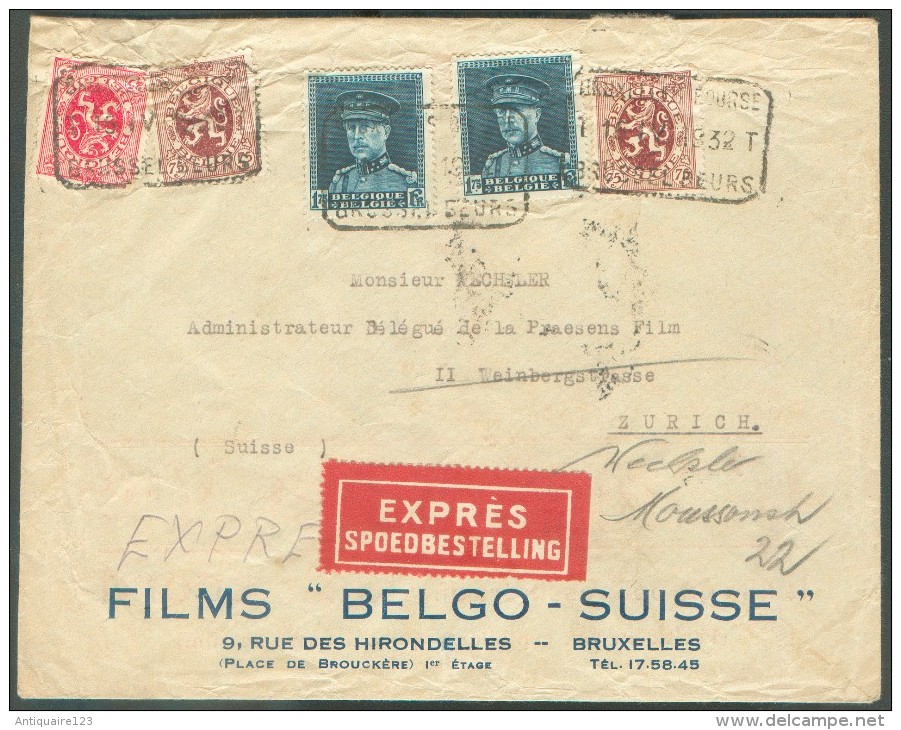 THEME CINEMA - MOVIE BELGIQUE Affranchissement KEPI-LION Sur Lettre Exprès De BRUXELLES-BOURSE T*T Le 16-IV-1932 Vers ZÜ - 1931-1934 Mütze (Képi)