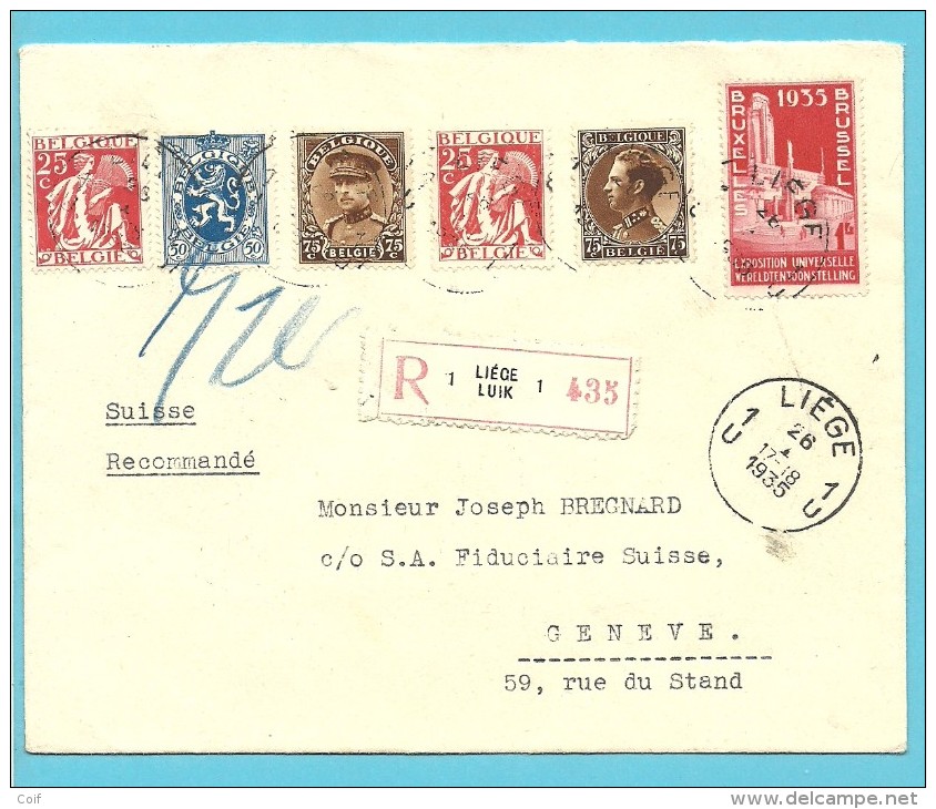 285+339+341+387+402 Op Brief Aangetekend Met Stempel LIEGE  Naar Geneve (Suisse) - 1934-1935 Léopold III