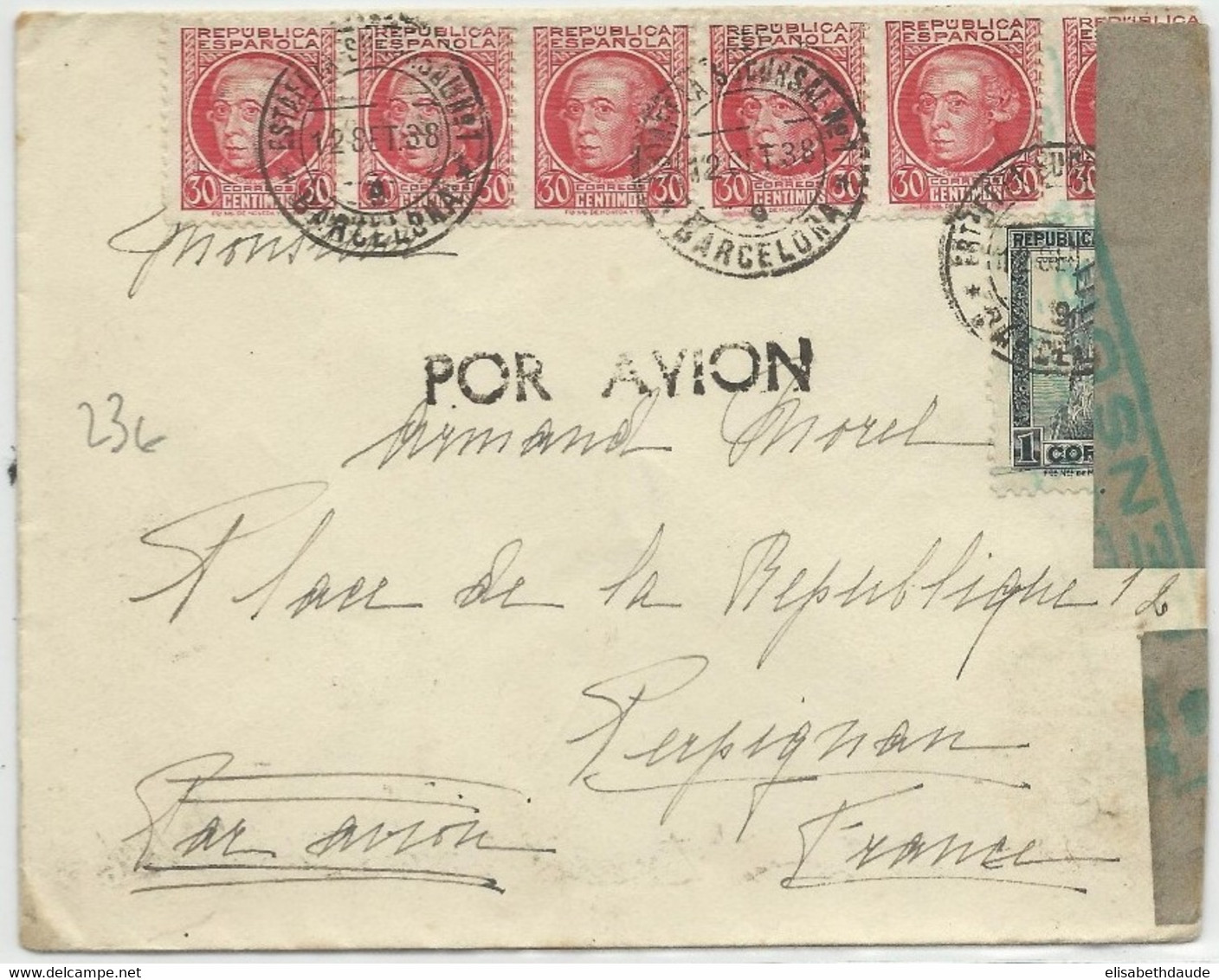 ESPAGNE - 1938 - ENVELOPPE Avec CENSURE De BARCELONA Pour PERPIGNAN - Marques De Censures Républicaines