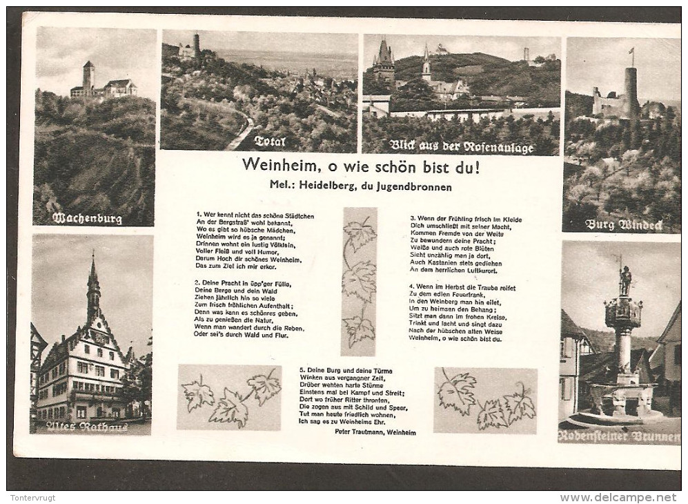 Weinheim. Lieder Karte. 6 Bilder. Bahnpoststempel BASEL-Ffm Zug 3237 - Weinheim