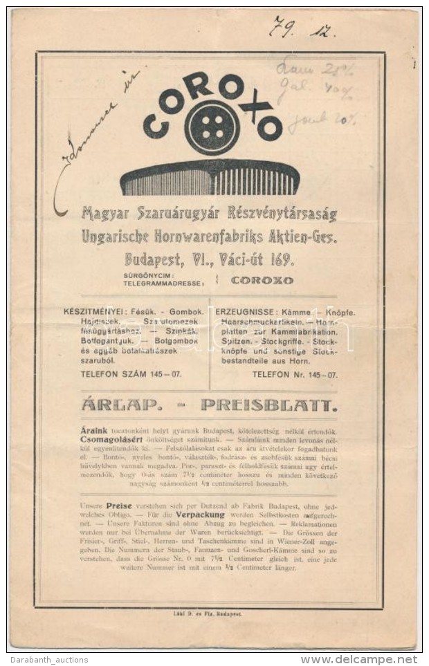 Cca 1930 Coroxo Magyar Szarugyár Rt. FésÅ±gyár Képes Katalógus  6p. - Ohne Zuordnung