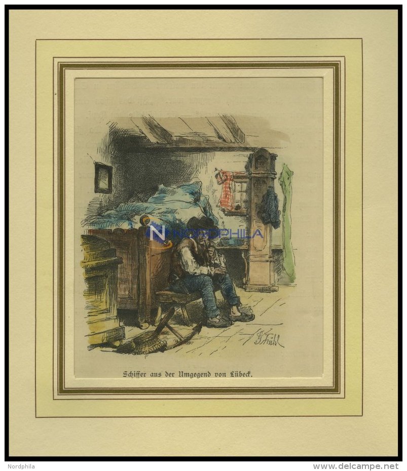 LÜBECK: Ein Schiffer In Seiner Stube, Kolorierter Holzstich Von Kühl Von 1881 - Lithographies