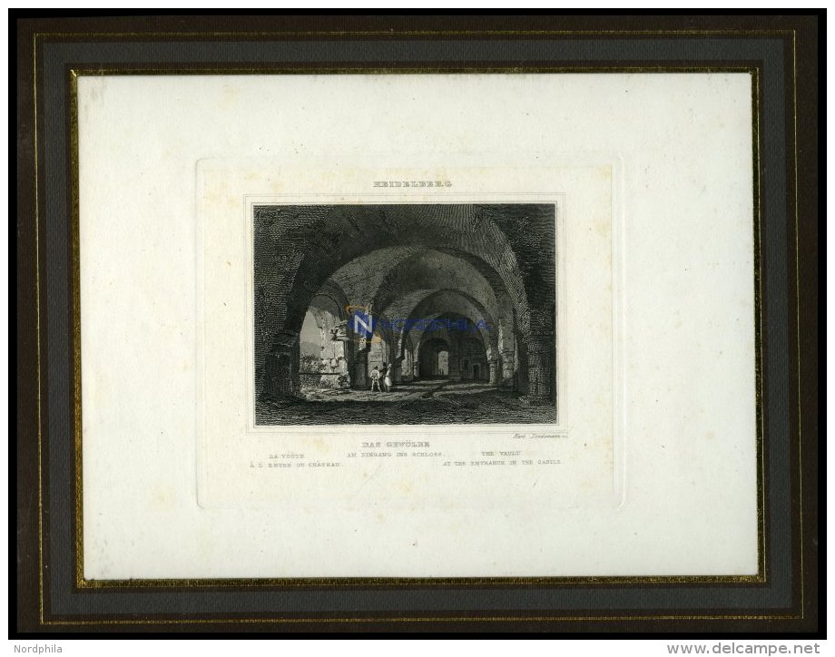 HEIDELBERG: Das Gewölbe Am Eingang Ins Schloß, Stahlstich Von Lindemann Um 1840 - Lithographies