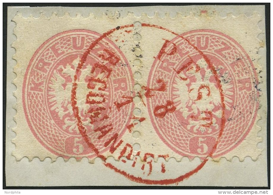 STERREICH 32 Paar BrfStk, 1863, 5 Kr. Rosa Im Waagerechten Paar Mit Zentrischem Ovalen Roten PEST RECOMMANDIRT, Ryan Nr. - Oblitérés