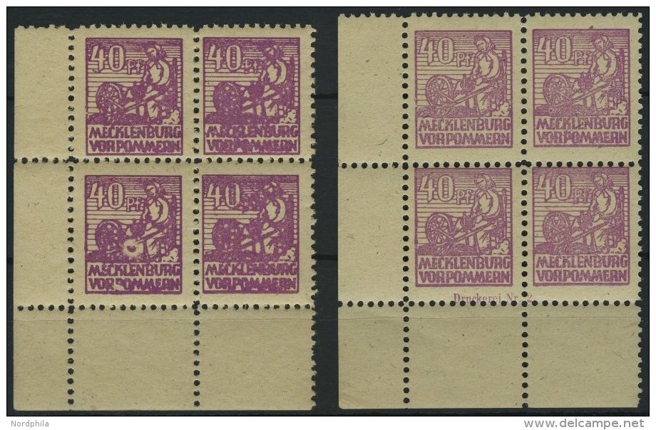 MECKLENBURG-VORPOMMERN 40yaDZ,DZ F **, 1946, 40 Pf. Violettpurpur, 2 Eckrandviererblocks, 1x Ohne Druckereizeichen, 1x A - Autres & Non Classés