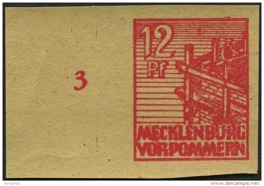 MECKLENBURG-VORPOMMERN 36ybGU **, 1946, 12 Pf. Rot, Graues Papier, Druck Auf Gummiseite, Ungezähnt, Pracht, Mi. 150 - Autres & Non Classés