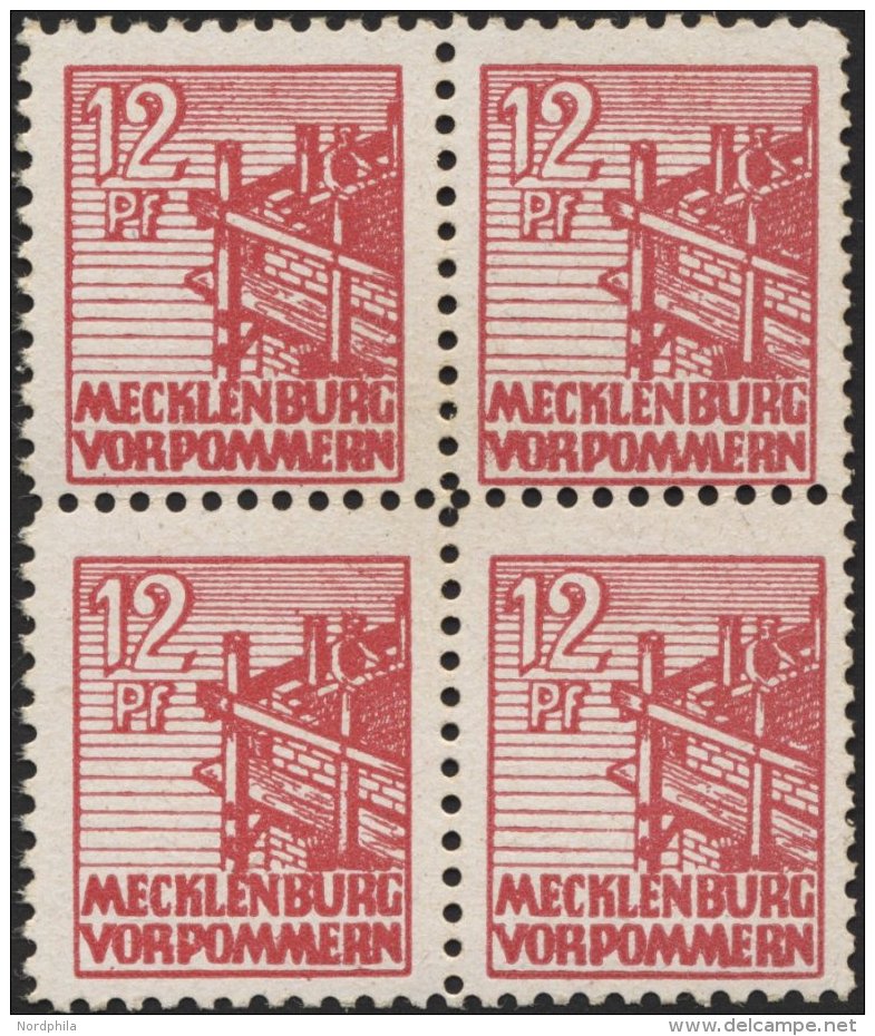 MECKLENBURG-VORPOMMERN 36xc VB **, 1946, 12 Pf. Lebhaftbraunrot, Kreidepapier, Im Viererblock, Pracht, Gepr. Thom Und Fo - Autres & Non Classés